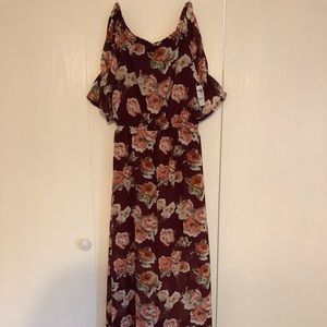 Off-Shoulder Maroon Flower Maxi Dress